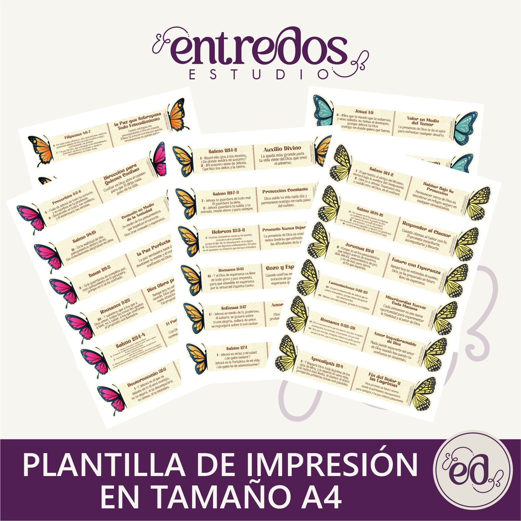 Tarjetas Marcapáginas Cristianas con Mariposas – Plantillas Digitales para Imprimir | Promesas360 para la ansiedad
